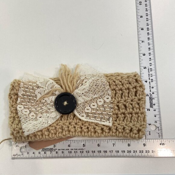 Handcrafted Crochet Beige Headband With Lace Bow & Button Accent - Picture 5 of 7